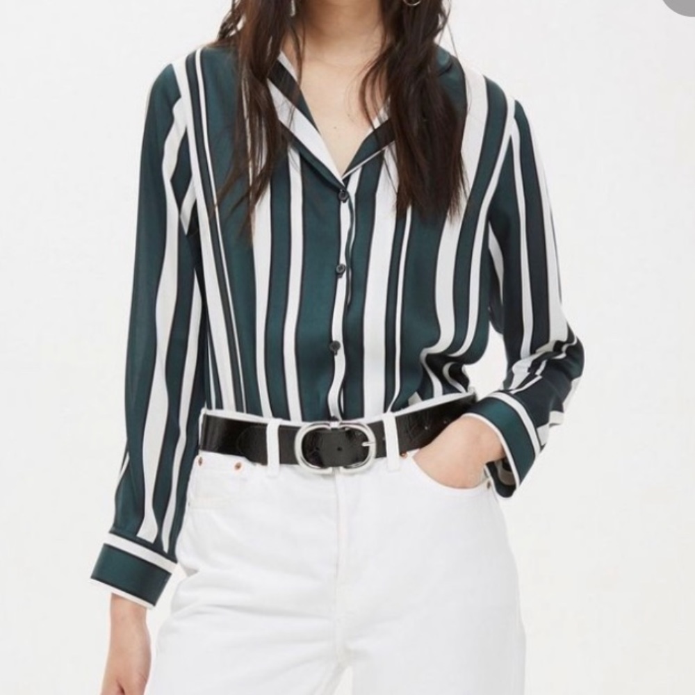 Topshop Green Stripe Button Up Blouse Size 2